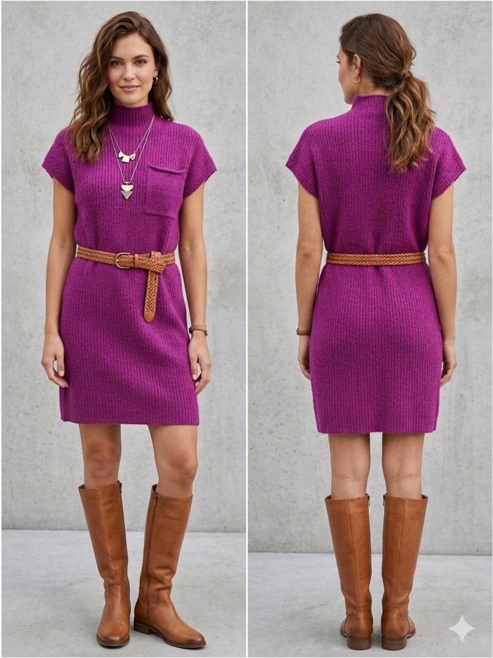 Zenana Outfitters Magenta Knit Mock-Neck Short Sleeve Dress